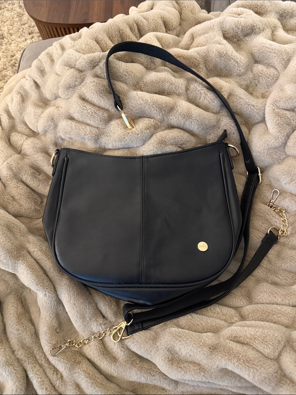 Modern and Chic Marissa Black Crescent Shoulder Bag with Gold Hardware